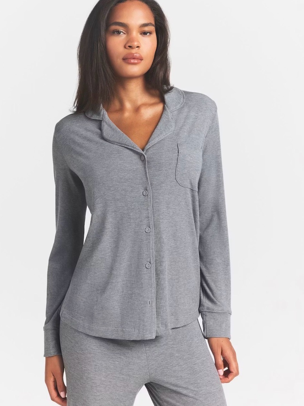 SKIMS Gray Button-Up Pajama Top and Bottom Set
